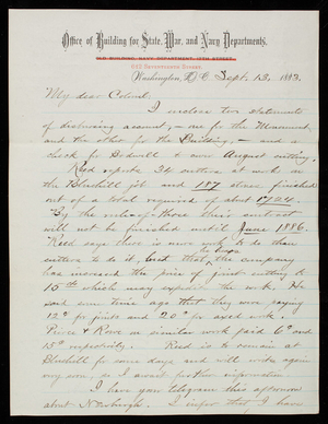 Bernard R. Green to Thomas Lincoln Casey, September 13, 1883