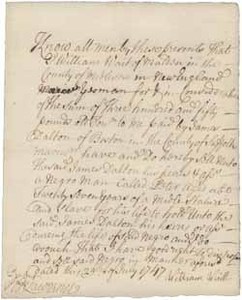 Deed signed by William Waitt to James Dalton acknowledging the sale of Peter (a slave), 29 July 1747