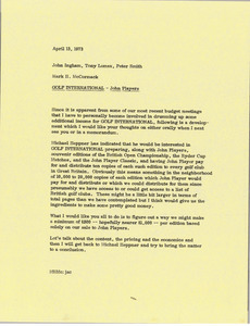 Memorandum from Mark H. McCormack to John Ingham, Tony Lomax, and Peter Smith