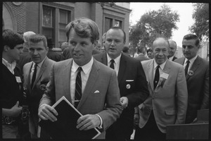 Robert F. Kennedy, walking off stage after speaking on behalf of Democratic candidates in front of the Noble County courthouse