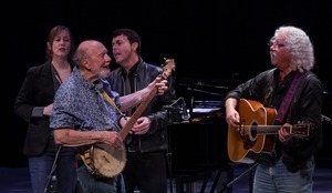 Pete Seeger (banjo) performing with Arlo Guthrie (right) and others at the finale of the George Wein tribute, Symphony Space, New York City