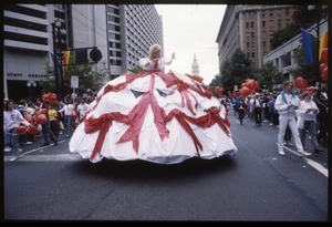 Marcher in the San Francisco Pride Parade with an outsized hooped skirt