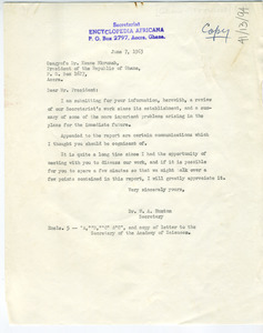 Letter from W. A. Hunton to Kwame Nkrumah