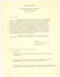 Letter from Temple Brotherhood Congregation Shaarai Shomagim to W. E. B. Du Bois