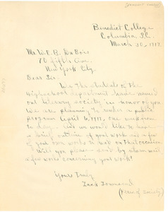 Letter from Benedict College to W.E.B. Du Bois
