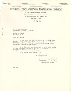 Letter from Channing H. Tobias to W. E. B. Du Bois