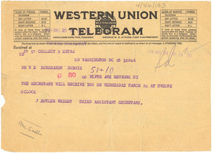 Telegram from J. Butler Wright to W. E. B. Du Bois