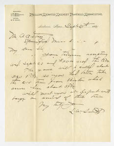 Letter to Amos Alonzo Stagg from Phillips Andover Academy Football Association dated September 20, 1891