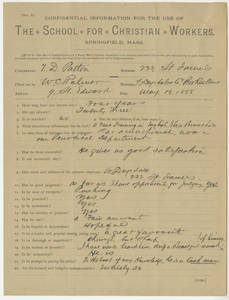 Recommendation form for Thomas D. Patton dated May 18, 1888