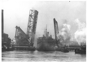 [View of the ship "Salem Maritime" passing through the Meridian Street Bridge]