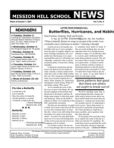 Mission Hill School newsletter, October 1, 2001
