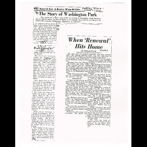 Photocopy of Roxbury Citizen and South End Citizen and Christian Science Monitor articles about Washington Park, Roxbury renewal project