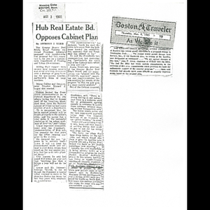 Photocopies of newspaper articles about President Johnson's rent supplementation proposal, and Citizens Urban Renewal Action Committee opposition to Savage Auto Service, Inc. remaining in the area
