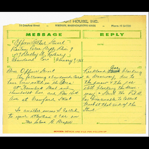 Memorandum from Mrs. Salena E. Draper to Officer Arthur Stuart about abandoned cars at Waumbeck Street and Humboldt Ave., Elm Hill Ave. at Crawford Street, and blocking a driveway on Rockland Ave.