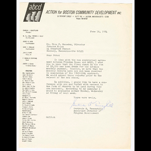 Letter from Gertrude Tanneyhill to Otto Snowden about monthly payments between Action for Boston Community Development (ABCD) to Freedom House, Inc.