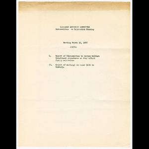 Agenda for Citizens Advisory Committee (CAC) Subcommittee on Relocation Housing meeting on March 15, 1966