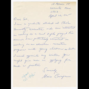 Letter from Marie Ciampa about position at civil rights project in Boston and Muriel Snowden's response about Commonwealth Service Corps