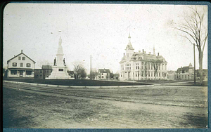 Saugus Center, 1897, L to R First Parish, monument, Capt. Barnes home, town hall, fire department