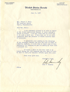Letter from John F. Kennedy to Deolinda Mello