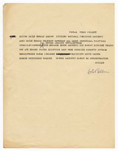 Draft of telegram from Citizens National Committee for Sacco and Vanzetti, circa August 1927