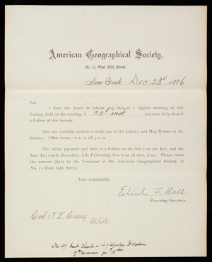 American Geographical Society to Thomas Lincoln Casey, December 23, 1886