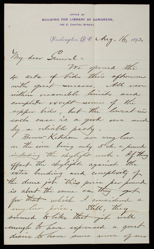 [Bernard. R.] Green to Thomas Lincoln Casey, August 16, 1893