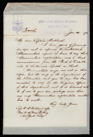 Thomas Lincoln Casey to Capt. Kirkland, January 31, 1890, copy