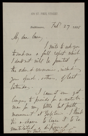 [William P. Craighill] to Thomas Lincoln Casey, February 27, 1885