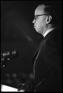 Arthur M. Schlesinger, Jr., speaking at the National Teach-in on the Vietnam War: half-length portrait, standing at the podium