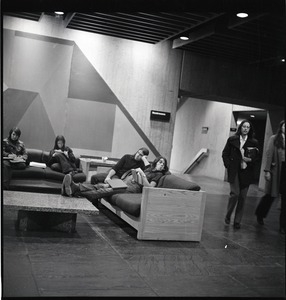 Students sitting in the basement of the UMass Amherst Campus Center