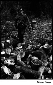 Raymond Mungo posed by a stack of sawn wood, waiting to be split: Packer Corners commune