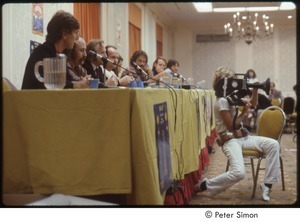 MUSE concert and rally: press conference with (l-r) Graham Nash, David Crosby, Stephen Stills, obscured man, Winona LaDuke, Jesse Colin Young, Sam Lovejoy, Harvey Wasserman