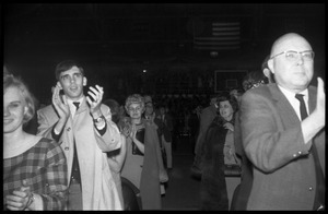 Winter Carnival: audience gives standing ovation to Johnny Carson at the Johnny Carson Show, Curry Hicks Cage, UMass Amherst