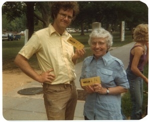 Frances Crowe (right), holding a ticket at the peace vigil in front of the White House