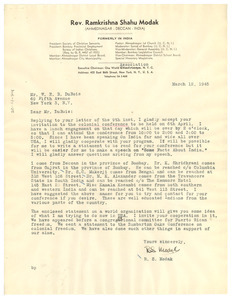 Letter from Ramkrishna Shahu Modak to W. E. B. Du Bois