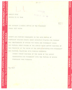 Telegram from Ivan Potekhin to Shirley Graham Du Bois