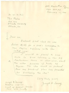 Letter from Joseph R. Dursey to W. E. B. Du Bois