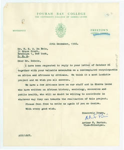 Letter from Fourah Bay College to W. E. B. Du Bois