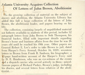 Atlanta University acquires collection of letters of John Brown, abolitionist