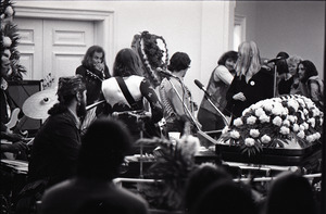 Duane Allman's funeral: from left, Dr. John, Butch Trucks (bass), Barry Oakley, Thom Doucette, Dickey Betts, Delaney Bramlett, and Gregg Allman, while mourners look on