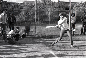 Boston Phoenix vs. WBCN staff softball game: Harper Barnes batting