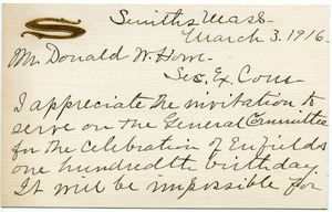 Notecard from Marion A. Smith to Donald W. Howe