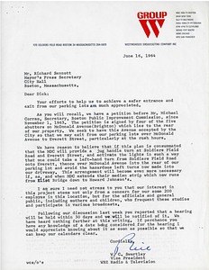 Correspondence between Press Secretary to the Mayor Richard J. Sinnott and Vice President of WBZ Radio and Television William C. Swartley