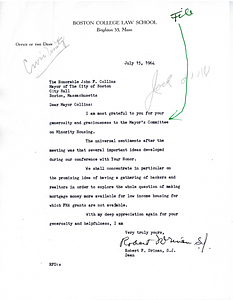 Letter from Robert F. Drinan to Mayor John Collins regarding an idea they had previously discussed