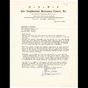 Letter from William Holder to Muriel Snowden about dedication for tot lot