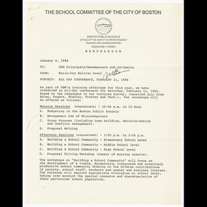 Memorandum from Maria-Paz Beltran Avery to school based management (SBM) principals, headmasters and co-chairs about conference on February 11, 1984