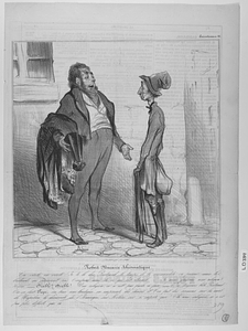 Robert Macaire Schismatique. - En vérité, en vérité! Je te le dis, Bertrand, le temps de la commandite va passer, mais les badauds ne passent pas! Occupons nous de ce qui est éternel... Si nous faisions une religion? Hein! - Diable! Diable! Une religion, ce n'est pas facile à faire! T'es toujours bête, Bertrand! On se fait Pape, on loue une boutique, on emprunte des chaises et l'on fait des sermons sur la mort de Napoléon, la découverte de l'Amérique, sur Molière, sur n'importe quoi! V'là une religion, ce n'est pas plus difficile que ça.