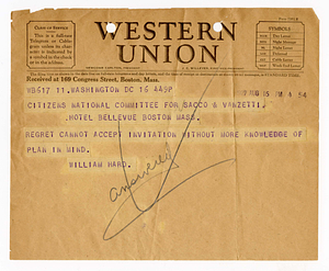 Telegram from William Hard to Citizens National Committee for Sacco and Vanzetti, August 16, 1927