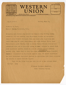 Telegram from Citizens National Committee for Sacco and Vanzetti to Frederic C. Howe, August 18, 1927