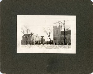 Saint Mary's Hall and Bapst Library on a snowy day, by Clifton Church